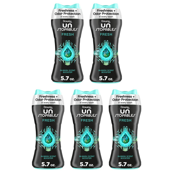 The 5 Pack of Downy Unstopables Laundry Scent Booster Beads Fresh Scent (5.7 oz each) by Downy is displayed in two rows against a white background.
